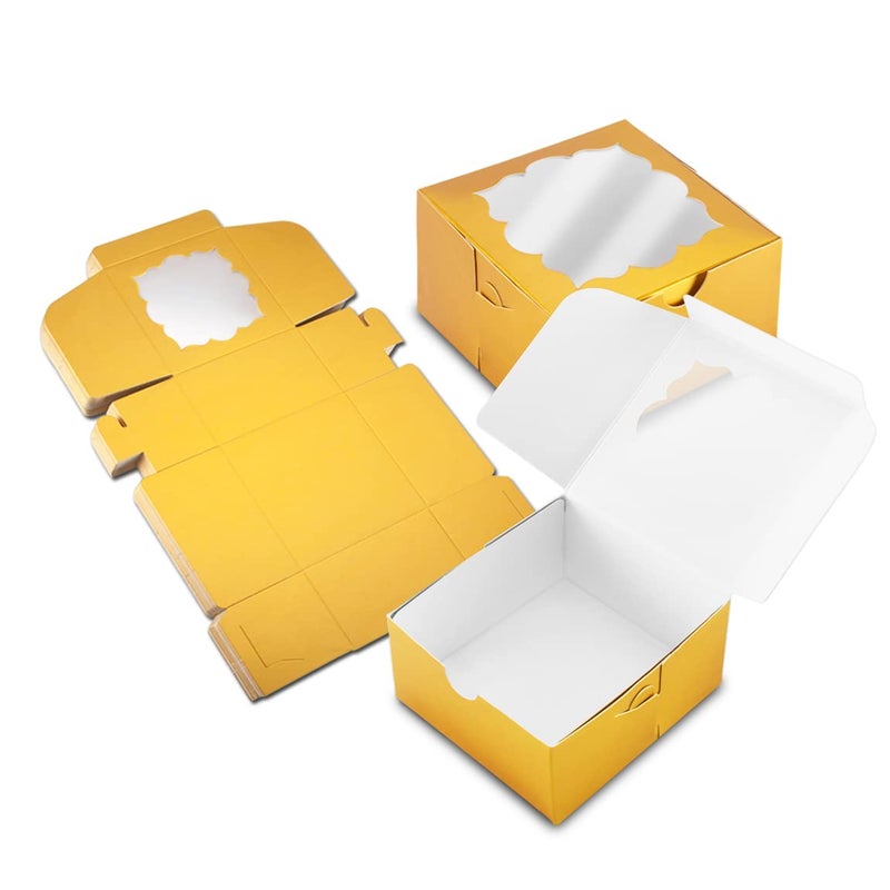 NPLUX 50 Pack Gold Bakery Boxes with Window 4x4x2.5 inches Pastry Boxes for Birthday Baby Shower Party - Image 1
